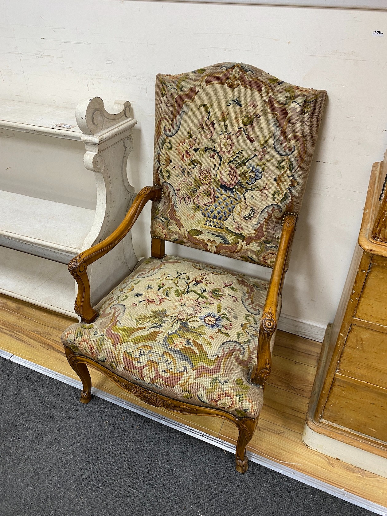 A pair of Louis XV style needlepoint armchairs, width 65cm, depth 60cm, height 112cm